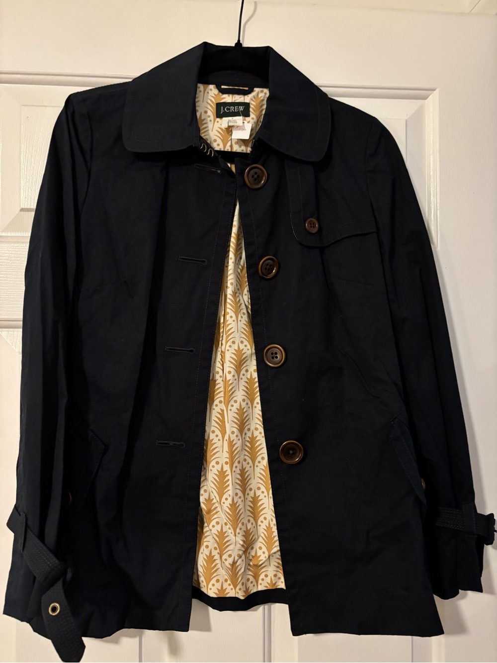 J. Crew Navy Button-Front Coat with Gold Patterned Lining